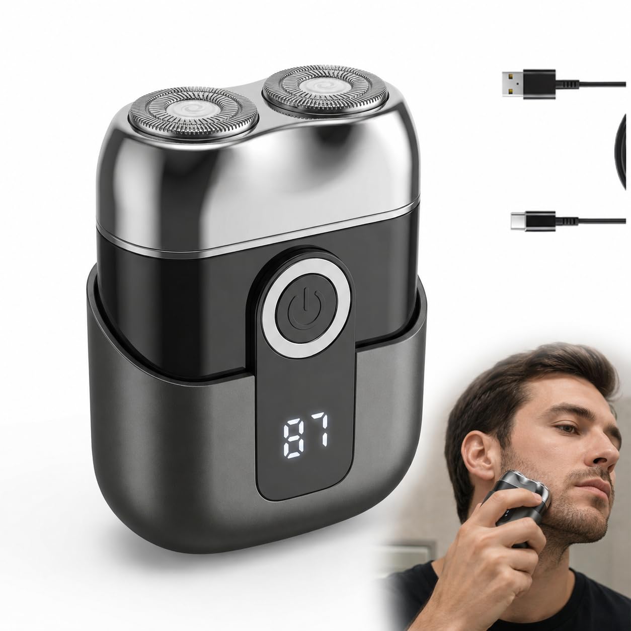 Mini Afeitadora Eléctrica para Hombre, Afeitadora de Viaje Impermeable con Pantalla LED, Carga Rápida USB-C, Silenciosa, Portátil y Compacta para Barba, Cabeza y Bigote - Gris