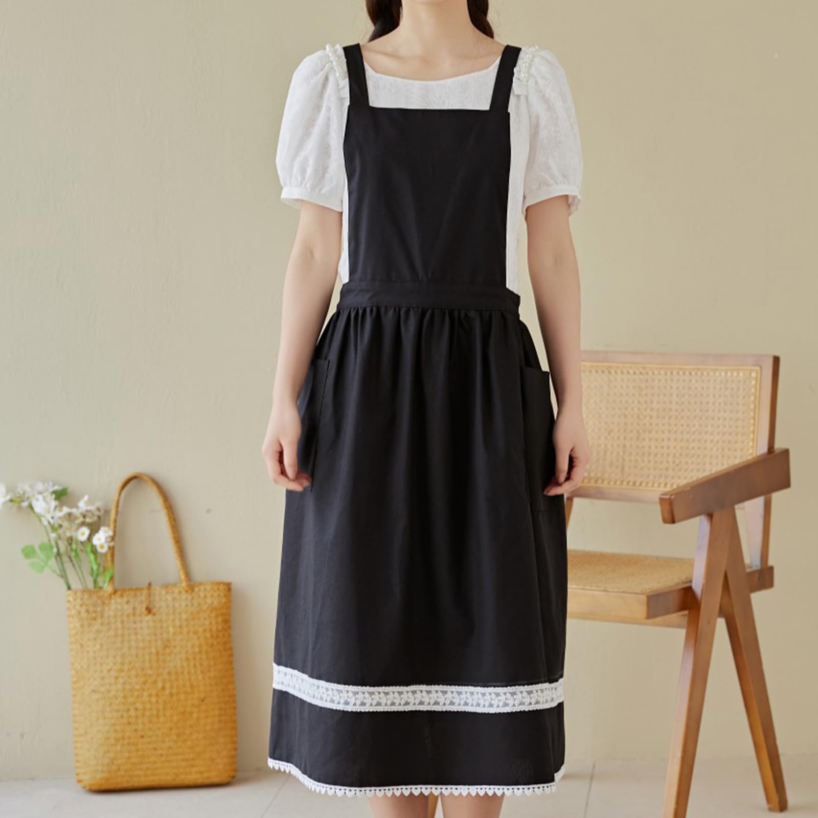 Fartuch Damski Fartuch Lniany Bawełniany Krzyż Na Plecach Z Kieszeniami Sukienka Pinafore Dla Szefa Kuchni Ogrodnictwo Gotowanie Malowanie Black,One Size