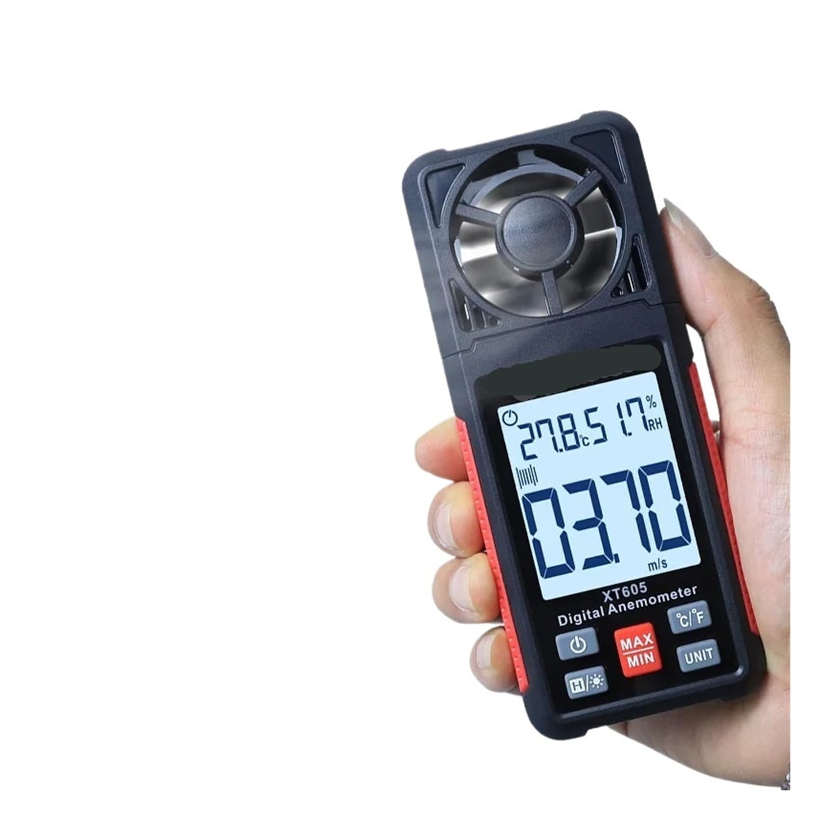 Anemómetro digital portátil XT605 con sensor de temperatura y humedad y medidor de velocidad del aire.