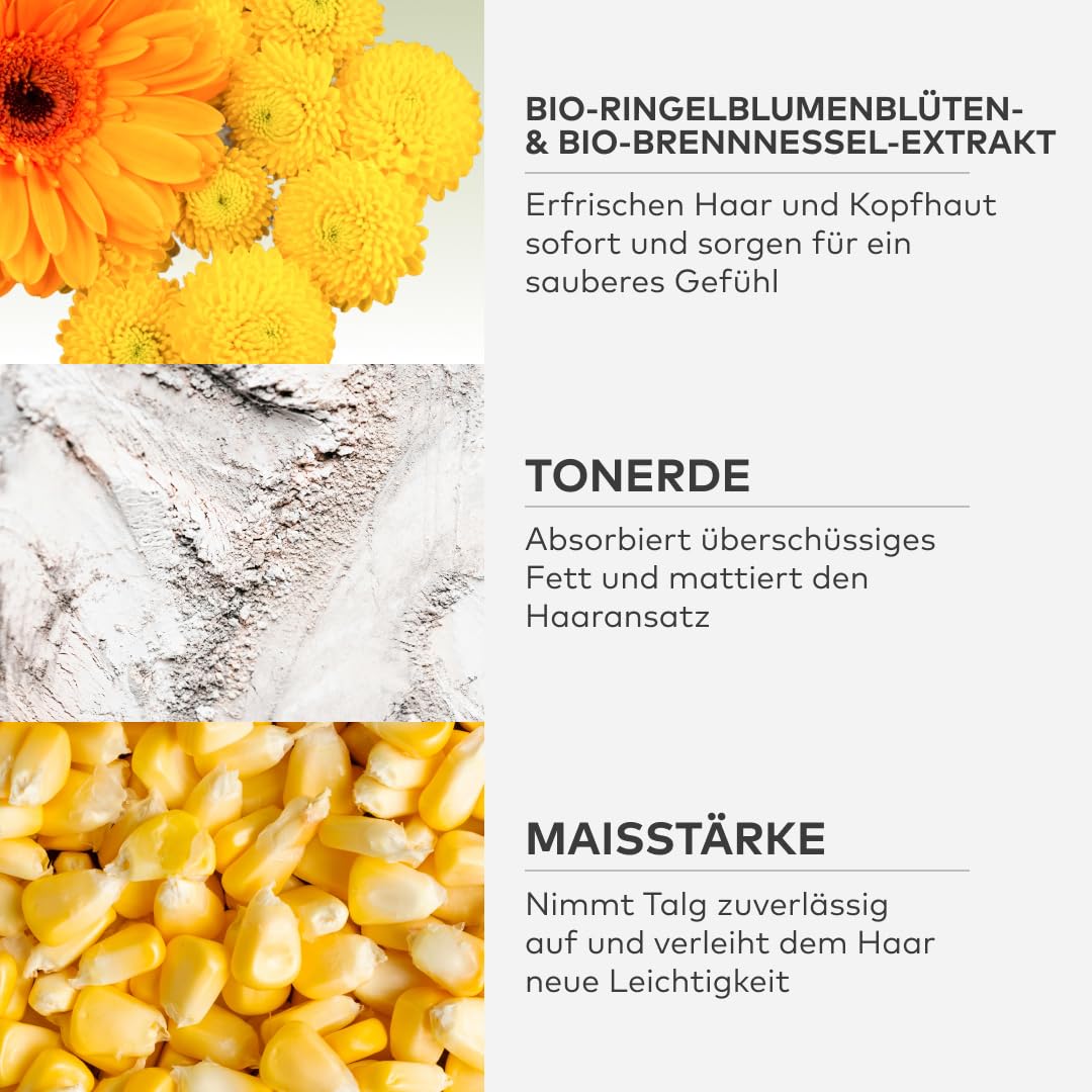 Trockenshampoo – Natürliche Trockenwäsche für fettigen Haaransatz – sofort frisches Haar & Volumen ohne Rückstände – mit Bio-Ringelblume & Tonerde – 100% natürliche Inhaltsstoffe – 20 g