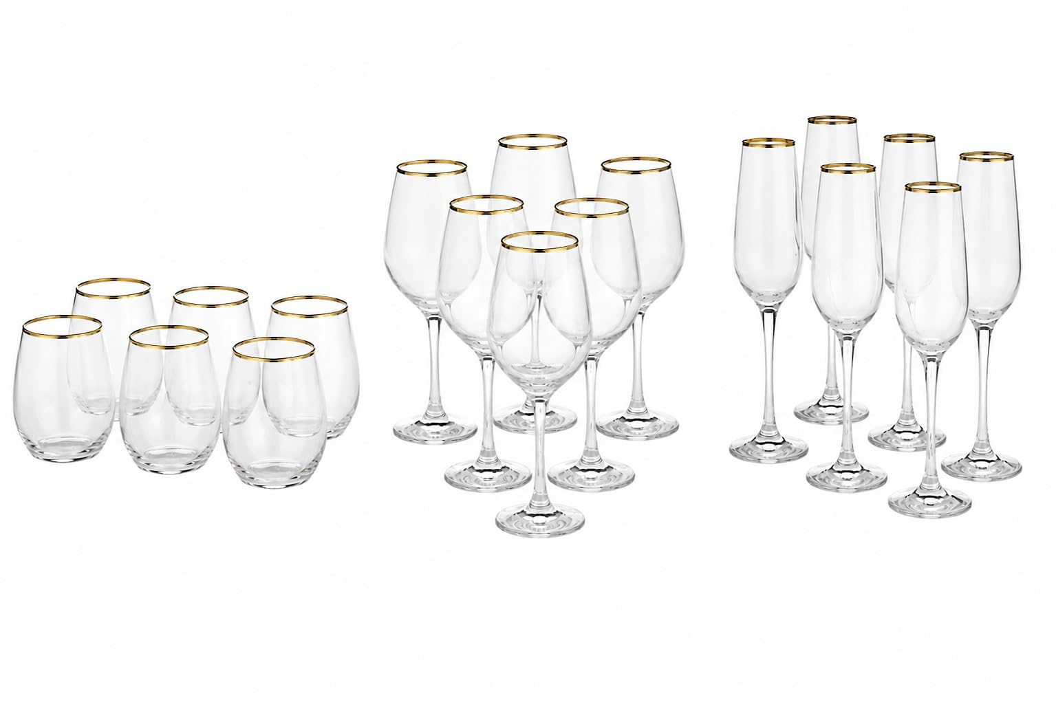 SWEET HOME Varotto & Co. Set 18 Pezzi Bicchieri in Vetro Trasparente con Filo Oro - 6 Calici Flute 20 cl, 6 Bicchieri Acqua 35 cl, 6 Calici Vino 36,5 cl cod.BC02830AU