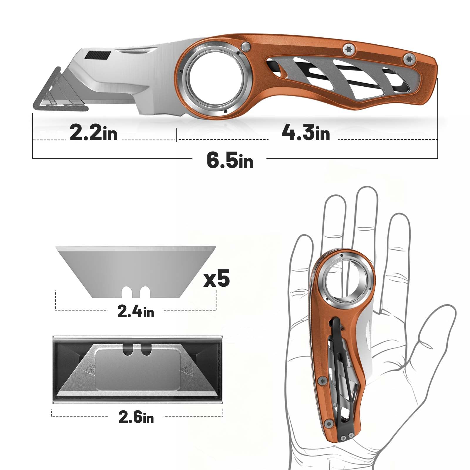 Profi Falt-Cuttermesser mit rutschfestem Fingerring & Aluminiumlegierung, werkzeugloser Klingenwechsel, inkl. 5 SK5-Klingen, ergonomisches Schneidmesser für Handwerk, Lager, Bau & Umzüge(Braun)
