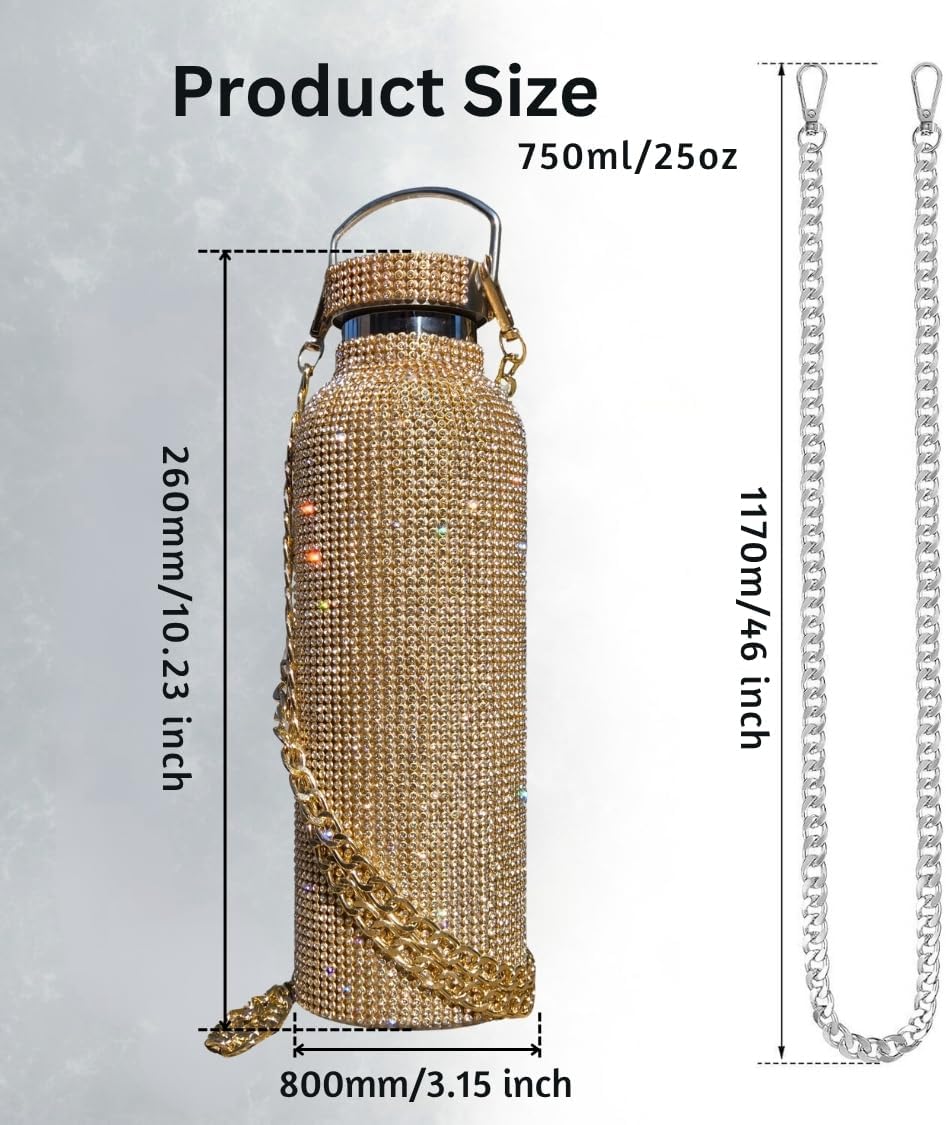 Gold Bling Water Bottle Bedazzled with 5000 Rhinestones & Crossbody Gold Chain, 25oz Stainless Steel Vacuum Insulated Tumbler, Leak Proof, Keeps Drinks Cold 24h and Hot 6h - Image 3