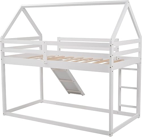 Miniatura 7 de P PURLOVE Litera individual sobre individual con tobogán para niños, adolescentes, litera baja de madera tamaño individual con techo para sala de