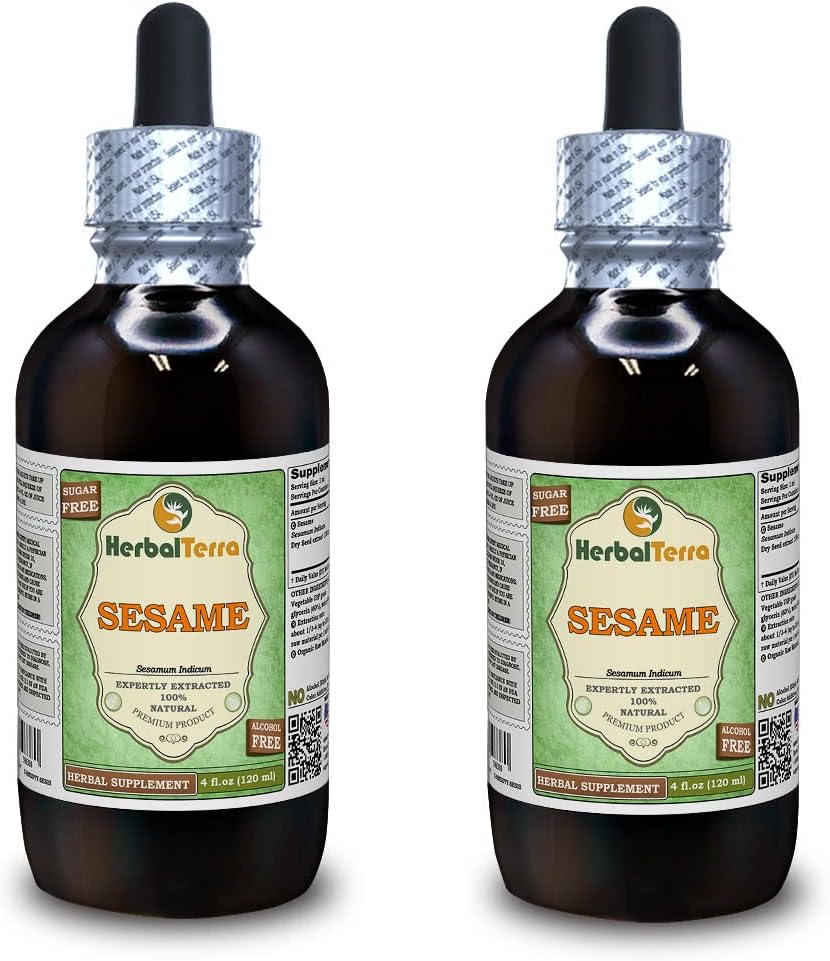 Sesame (Sesamum Indicum) Glycerite, Organic Dried Seeds Alcohol-FREE Liquid Extract (Brand name: HerbalTerra, Proudly made in USA) 2x4 fl.oz (2x120 ml)