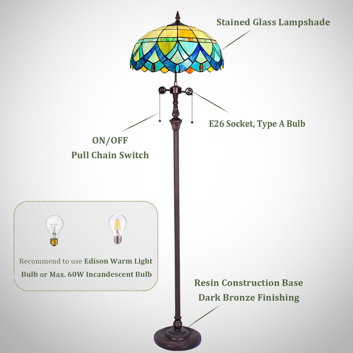 Tiffany Floor Lamp for Living Room,Antique Style Tall Standing Lamp,Stained Glass Lamp Shade,Pole Light Reading for Bedroom Office