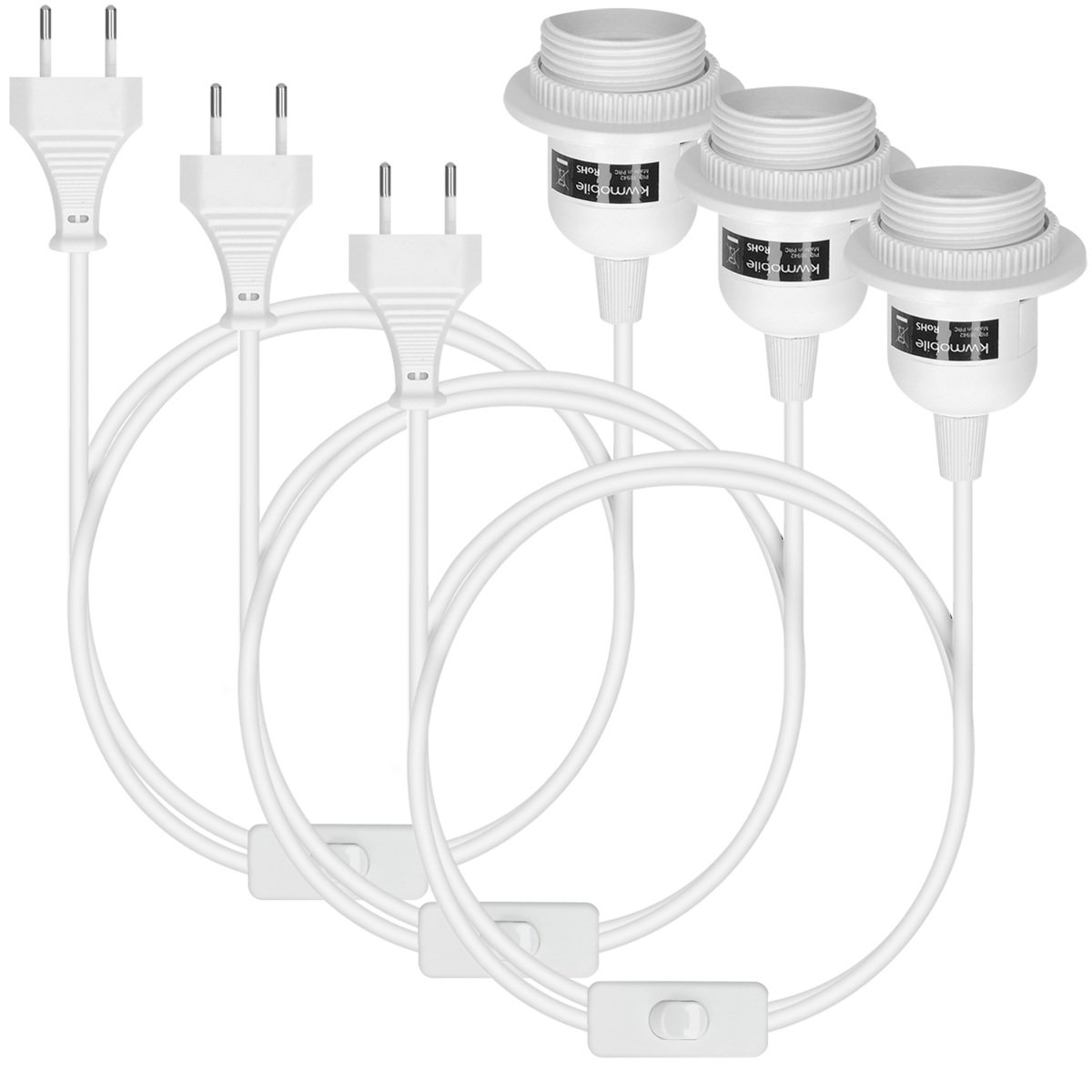 kwmobile 3x Portalampada E27 con Interruttore - Cavo 3,5m per Lampada con Spina Interruttore Anello Filettato - Portalampade a Sospensione - Bianco