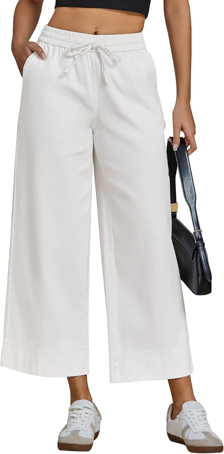 luvamia Wide Leg Jeans for Women High Waisted Cropped Pull On Jeans Elastic Wasit Drawstring Stretch Denim Trouser Pants