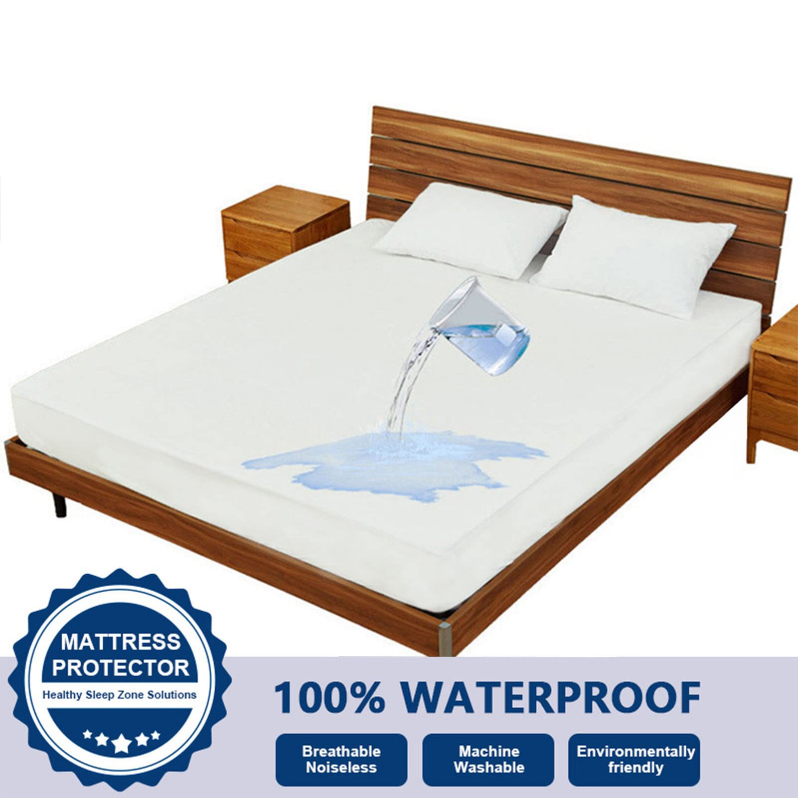 Impermeable Protector Colchón, Paño Toalla Fibra Bambú Ligero, Transpirable, Lavable Máquina, Colchón Elástico Todo Alrededor, Antialérgico, Sábana Antiácaros (Blue,200x220+30cm)