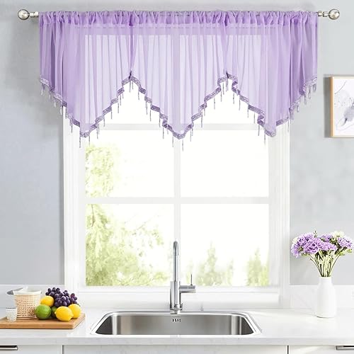 WUBODTI Cortinas de cenefa con cuentas transparentes moradas, 3 piezas, bolsillo para barra, cortina de ventana con dobladillo para barra, cortina
