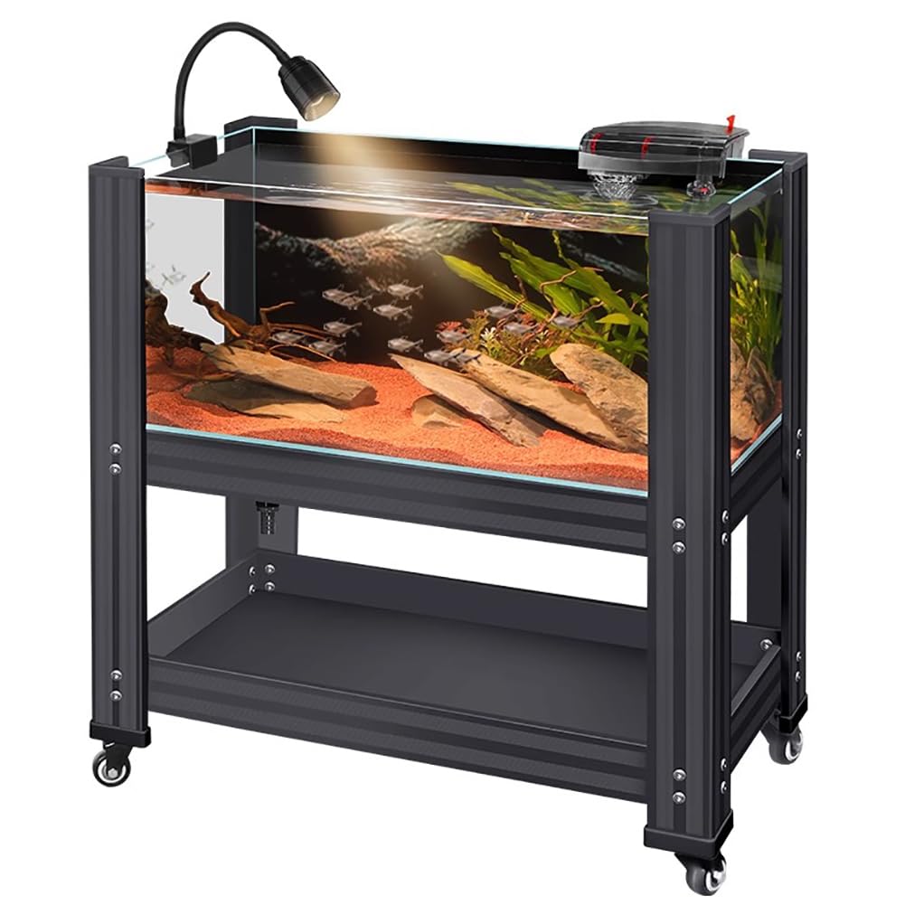 Juego De Acuario De Vidrio Grande, Equipo para Acuario con Ruedas, Acuario Vertical De Lujo, con Sistema De Filtración Y Luces, Acuario Integrado, Negro.,Length 62.7cm