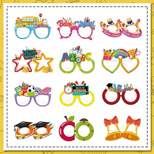 Threetols 12 piezas de accesorios para fotos de regreso a clases para el primer día de escuela, coloridos marcos de anteojos ABC para regreso a la