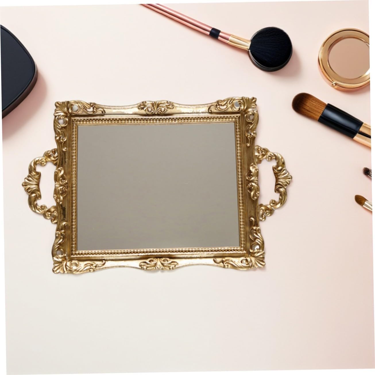 SUPVOX Vintage Carved Mirror Tray Golden Resin Cosmetics Storage Plate Nordic Style Wedding Dessert Table Decorative Accent