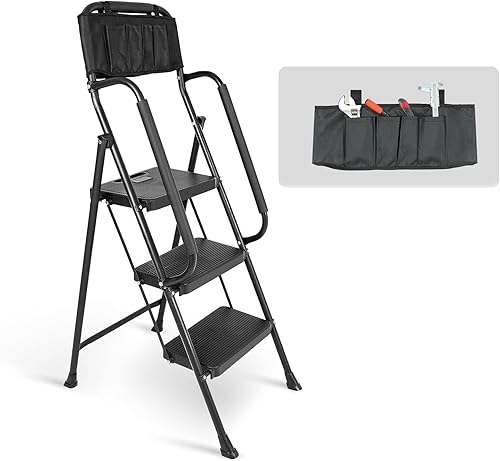 Escalera de 3 escalones con pasamanos, taburete plegable resistente de 500 libras con bolsa de herramientas acoplable y pedal ancho antideslizante