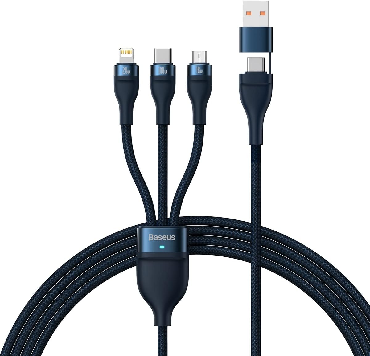 100W Multi Charging Cable, Nylon Braided 3 in 1 Charging Cable from USB & USB C to IP/Type C/Micro Compatible For Smartphones/Tablets 1.2M Blue