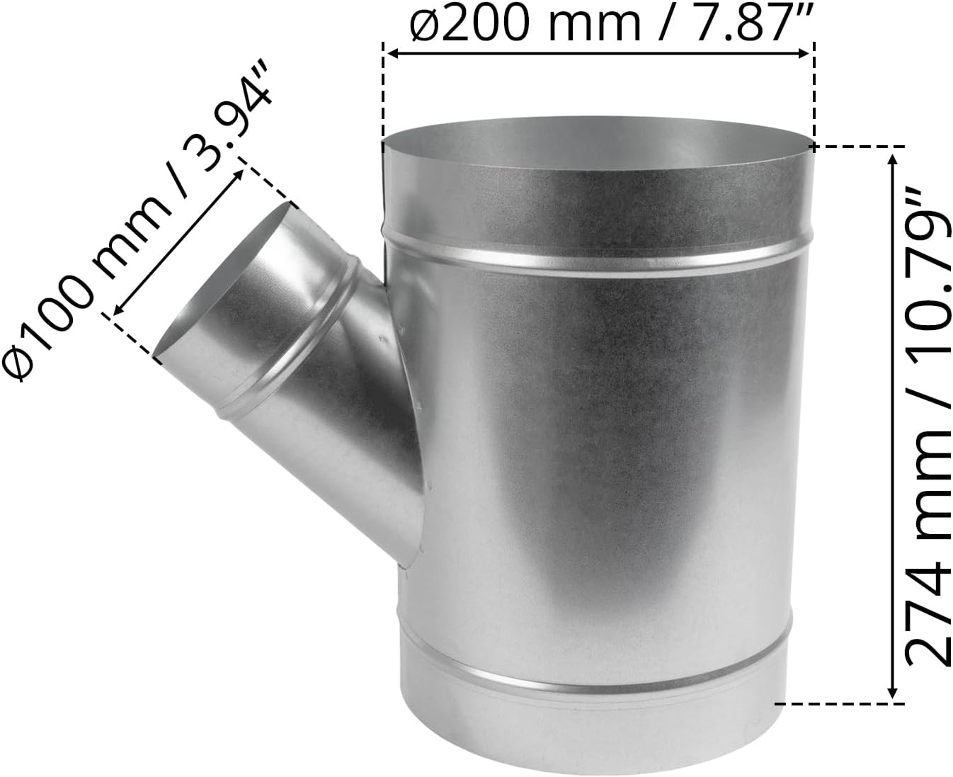 45° Degree Ø8 x 8 x 4 Inch Wye-Shape Duct Splitter - Metal 3 Way Fitting Adapter - Galvanized Steel - Spiral Duct Hose Dryer Connector - for Home or Industrial HVAC Ventilation - Branch 4 Inch
