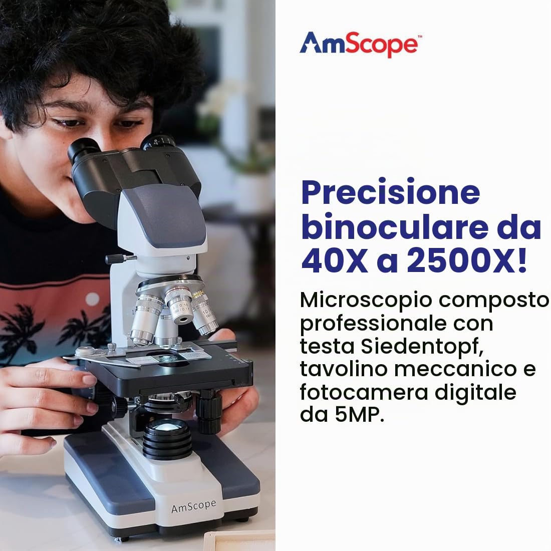AmScope - Binocolo digitale 40x-2.500x a LED con microscopio con fase 3D + fotocamera USB 5 MP - B120C-E5