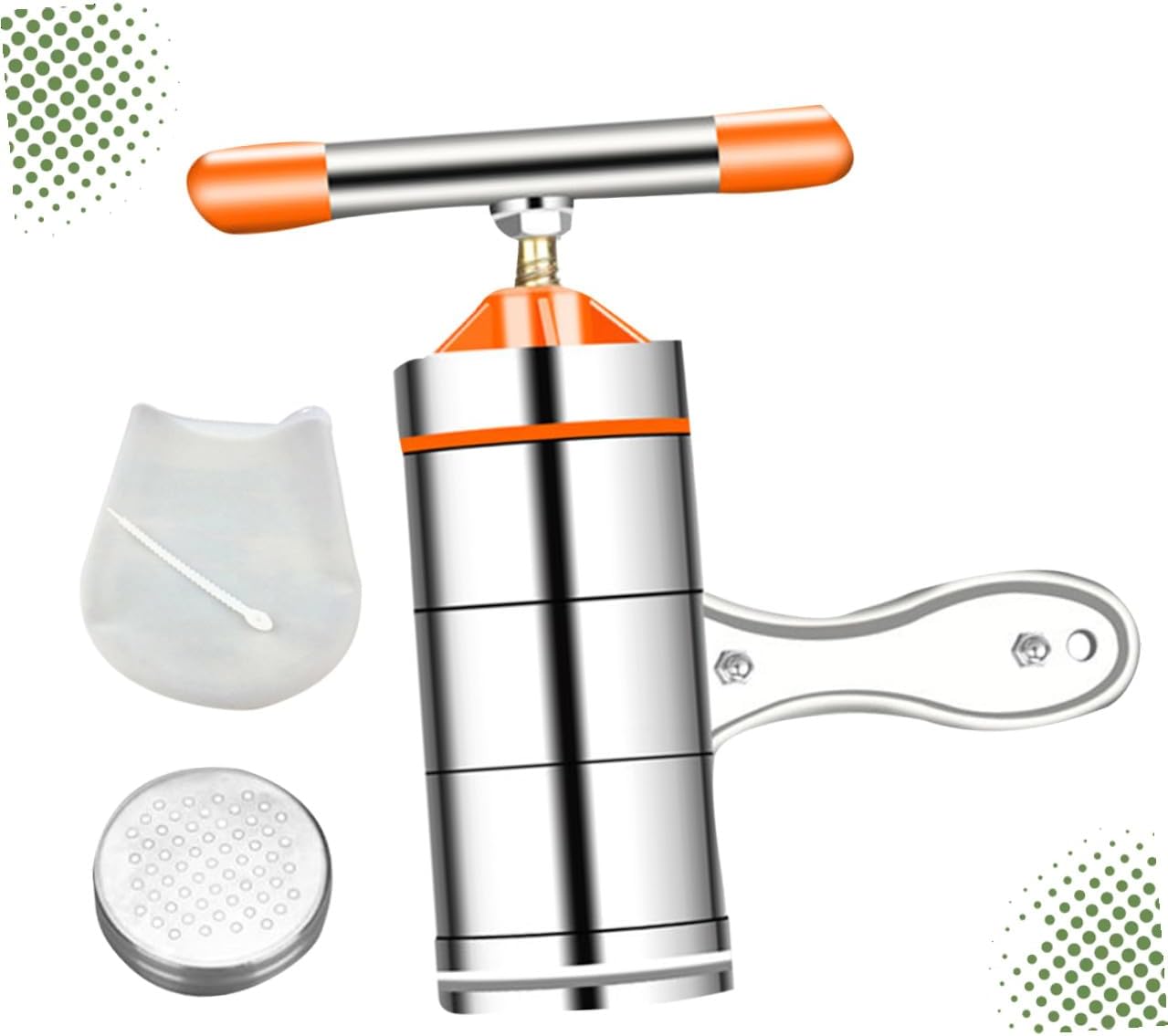Manual Noodle Maker Household Pasta Press Machine with Stainless Steel Mold and Kneading Bag, Orange Compact Kitchen Tool for Homemade Noodles and Dough Preparation