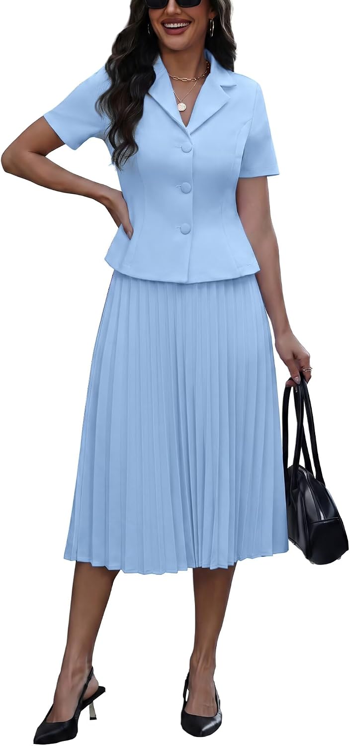 Ophestin Women's 2 Piece Blazer Outfits Short Sleeve Open Front Jacket High Waist Pleated Maxi Skirt Set for Business Church