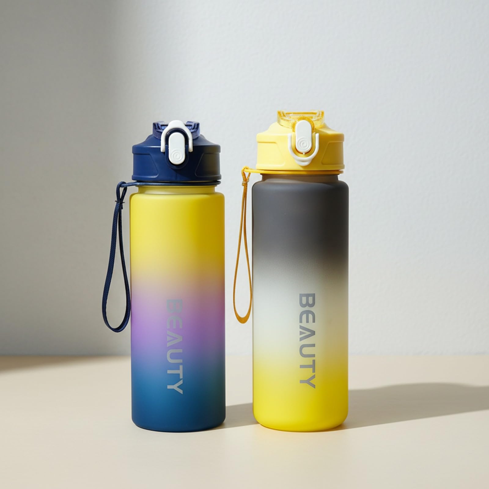 Pack of 2 Water Bottle with Straw 750ml – Leakproof BPA Free Sports Water Bottle for Gym, School & Travel – Motivational Drinking Bottle with Time Markings for Kids & Adults (Yellow-Black, 620ml) — image 1