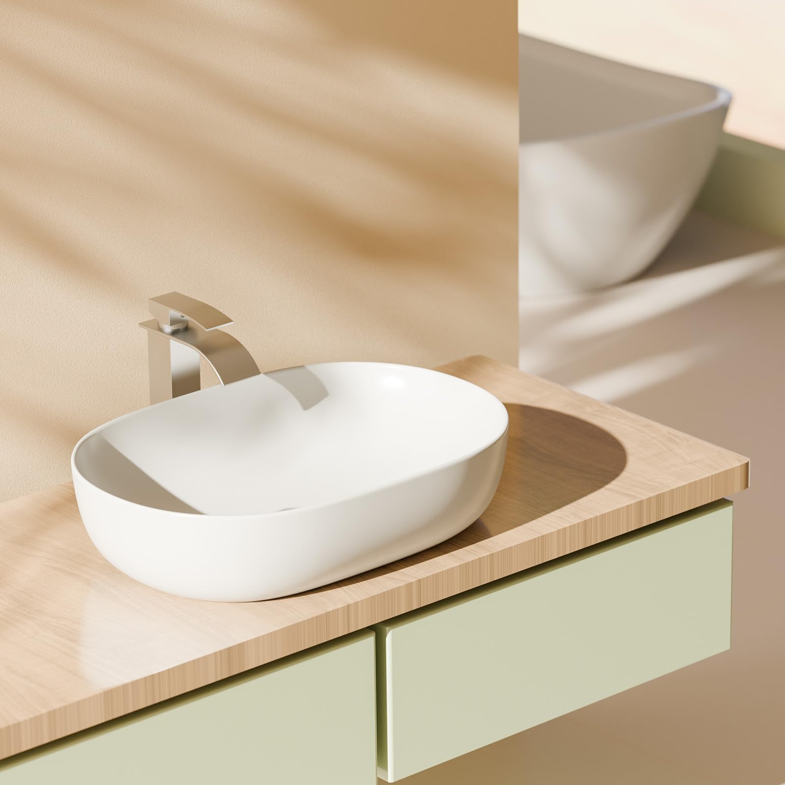 EMKE Lavamanos de Baño Ovalado 59,5 x 41,5 cm, Blanco Brillante | Lavabo Sobre Encimera de Cerámica, Pila Sobreponer Moderna para Baño y Aseo (Sin Grifo ni Desagüe)