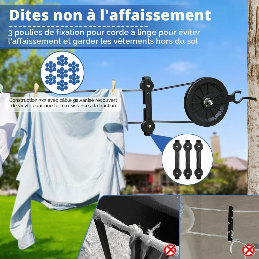 Corde à Linge de 45 m, Câble métallique gainé en PVC Noir, avec poulie de renvoi en Nylon, Séparateur, Crochet à vis M8 - Corde à Linge - Résistant aux intempéries - pour extérieur
