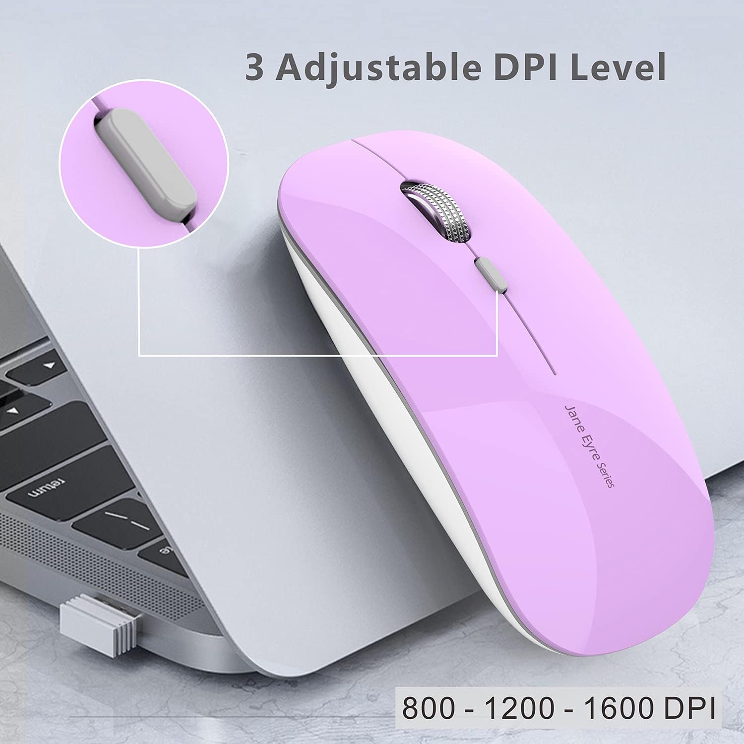 Uciefy Q5 Slim Rechargeable Wireless Mouse, 2.4G Portable Optical Silent Ultra Thin Wireless Computer Mouse with USB Receiver and Type C Adapter, Compatible with PC, Laptop, Desktop (Purple)