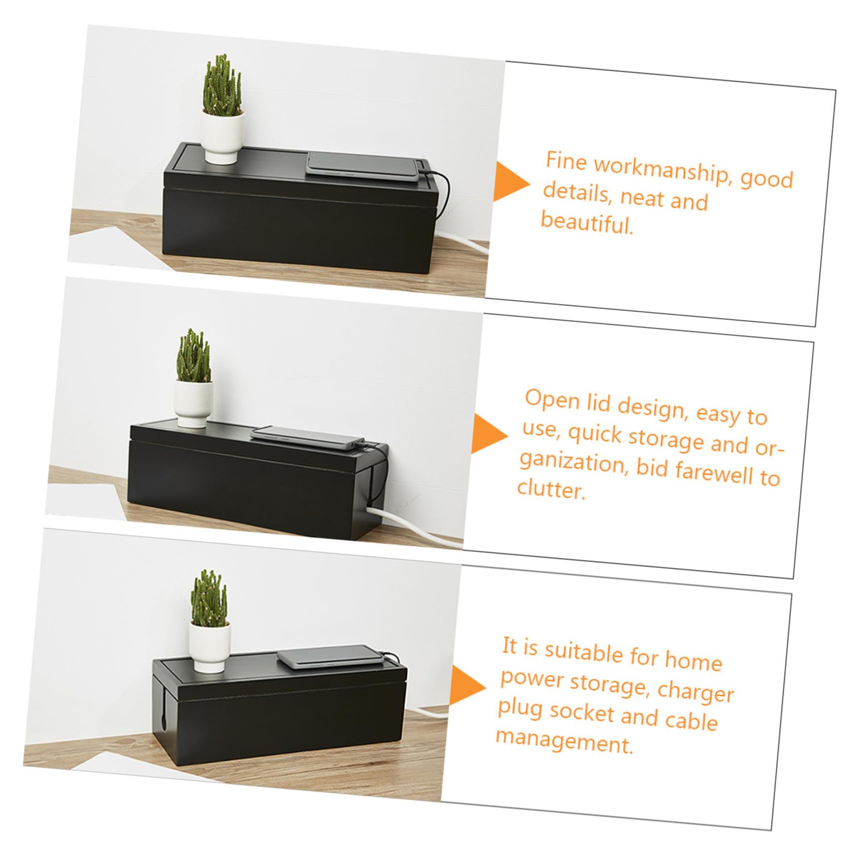 Amosfun Caja Organizadora para Cables y Enchufes Negra de Plástico Diseño Ranurado para Gestión Rápida en Hogar y Oficina