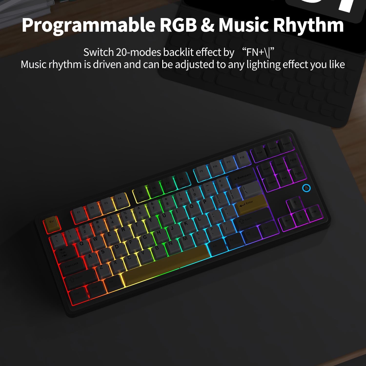 AJAZZ AK870 TKL Mechanical Keyboard with vibrant programmable RGB lighting and music rhythm feature