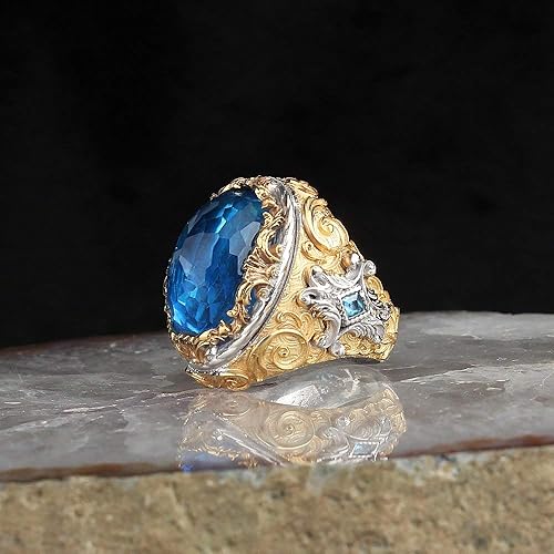 Miniatura 2 de Anillo chapado en oro para hombre, plata de ley 925, topacio azul, piedras preciosas para hombres, anillos de joyería masculina, anillos para