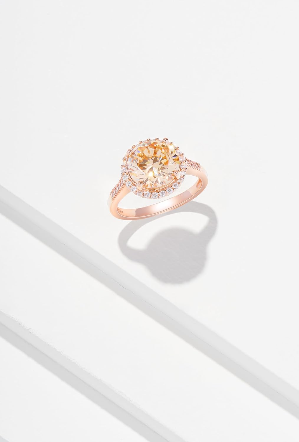 MORGAN & PAIGE .925 Sterling Silver 14K Rose Gold Plated Champagne and Clear Cubic Zirconia Elegant Halo Engagement Ring - Dazzling Champagne-Hued Center Stone Sterling Silver Rings, Size 7 - Image 8