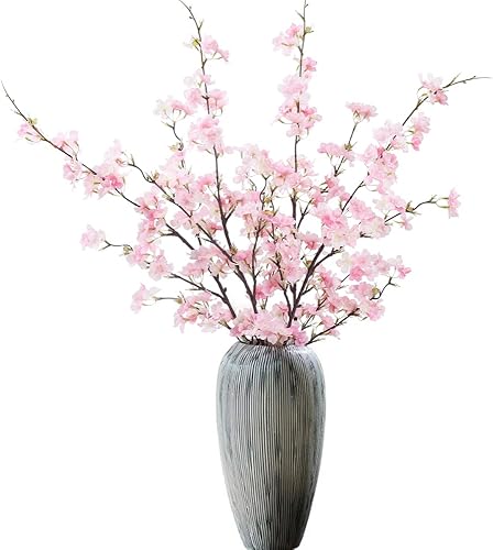 Miniatura 8 de LESING 4 flores de cerezo artificiales, ramas de flores de cerezo de seda falsa, arreglo de tallos de flores de durazno alto, para decoración de