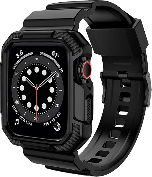 OROBAY Rugged Band Compatible with Apple Watch Band 45mm/44mm/42mm with Case, Shockproof Strap for iWatch SE3 SE2 SE Series 9/8/7/6/5/4/3/2/1 with Bumper Case Cover Men Women, Matte Black