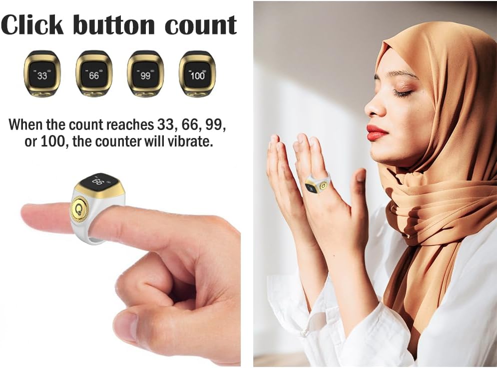 Smart Ring Counter, Smart Tasbih Zikr Ring, Muslim Islamic Prayer Smart Rings,Tasbih Counter Smart Ring, Digital Electronic Smart Tally Counter, Tasbeeh Smart Counter for Prayer (White,18mm)