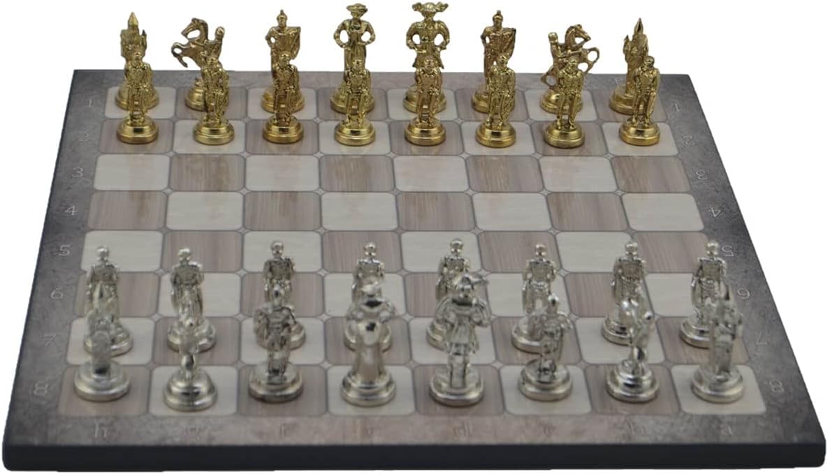 Metal Chess Set for Adults Spanish Royal Guards Figures,Handmade Pieces and Different Design Wooden Chess Board (Platin Oak)