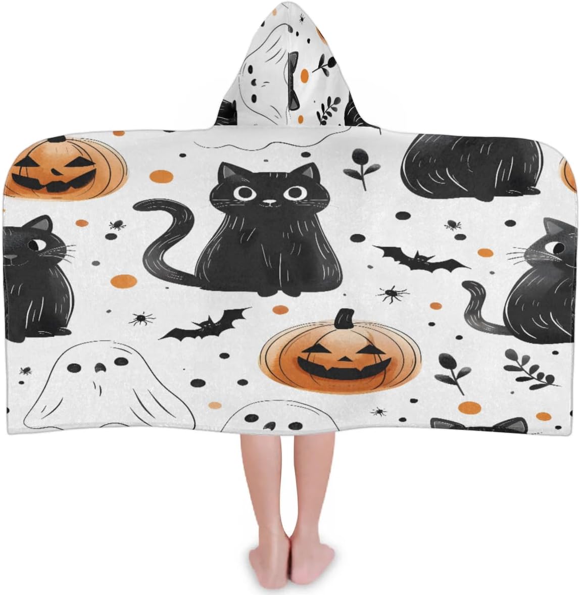 Pardick Kids Bath Towel Cat Ghost Pumpkin Beach Towel with Hood Pool Cover Up for Girls Boys Soft Absorbent Hooded Bath Towel Toddler Towels for Beach, Pool