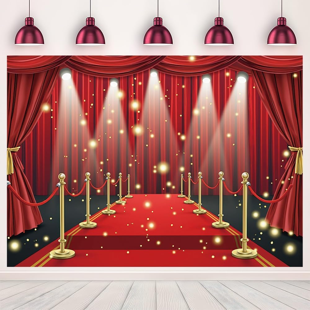 7x5FT Red Carpet Stage Photo Backdrop Award Ceremony Stars Glitter Fashion Show Photography Background VIP Party Movie Night Prom Graduation Wedding Decor Supplies Props Banner
