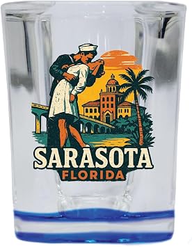 Sarasota Florida Vintage Souvenir Design 2 oz Shot Glass Square Blue Base