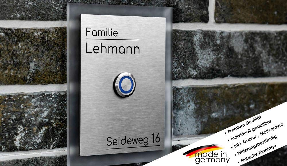 Beleuchtete Edelstahl Türklingeln mit Gravur und über 100 Motive | Gravierte Klingelplatte mit Led-Beleuchtung Größe: 11x14 cm Klingel-Taster Klingelschild Namen
