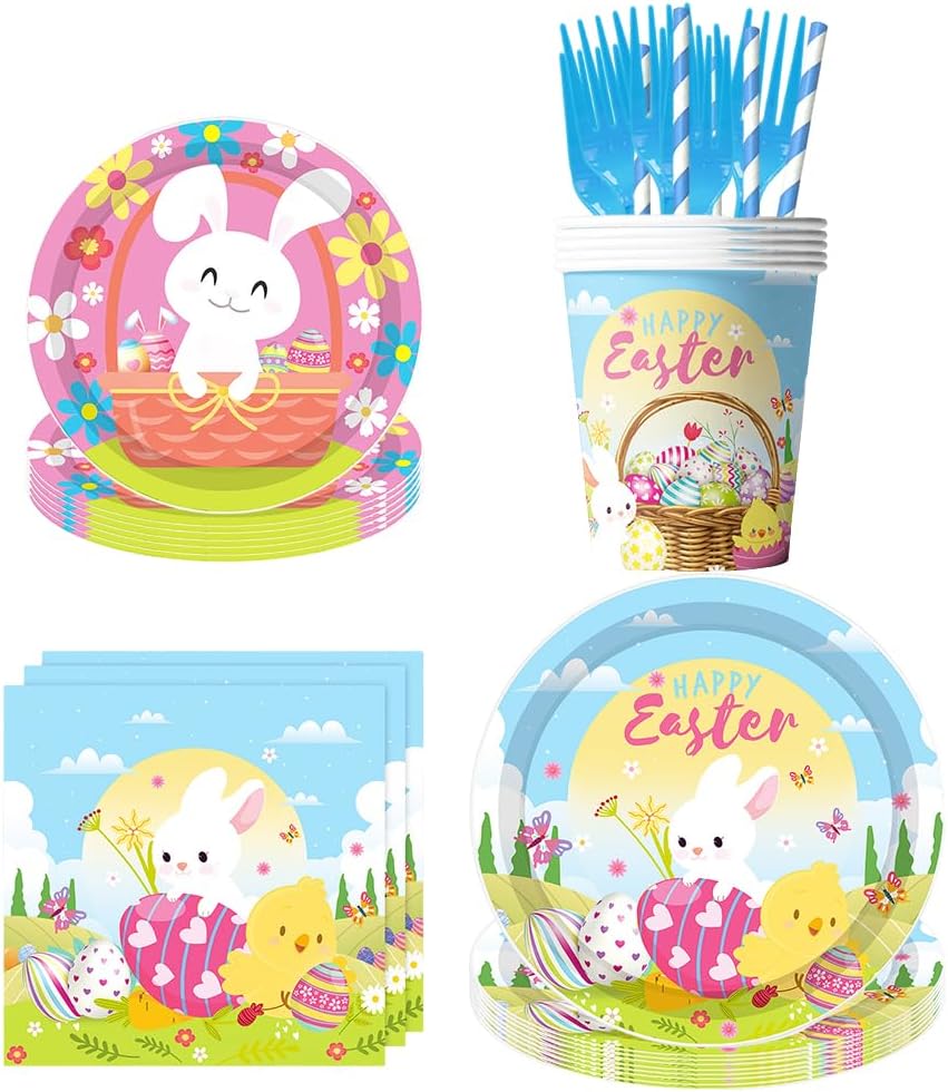 70PCS Easter Themed Tableware, Easter Party Tableware Set, Rabbit Themed Party Tableware, Includes Plates Cups Napkins for 10 People
