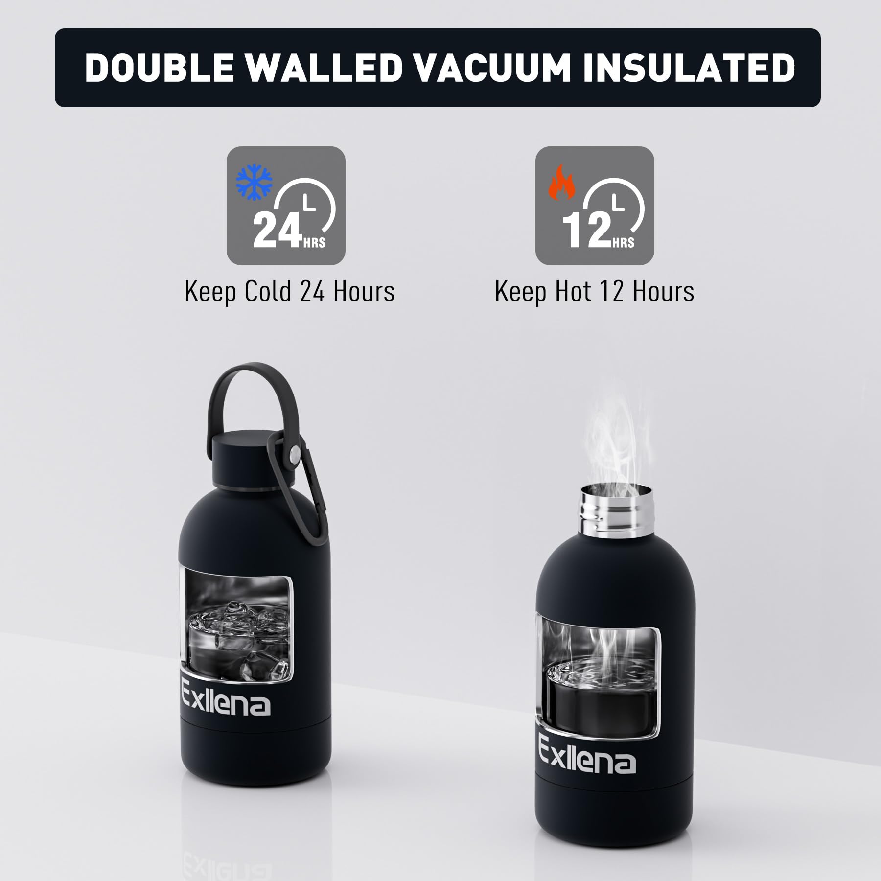 Exllena Borraccia Termica Piccola 350ml con Maniglia e Moschettone - Mini Borraccia Mantenere Calore/Freddo - Senza BPA - 100% A Tenuta Stagna per Escursioni, Campeggio, Viaggi...(Nero)