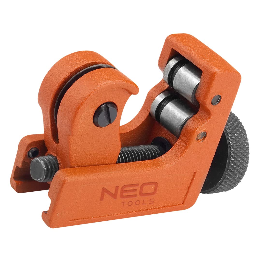 NEO TOOLS Coupe-​tube en cuivre et aluminium 3-​22 mm (1, 8-​7, 8"), boîtier en aluminium, vis de réglage, deux rouleaux de guidage, lame remplaçable, roue remplaçable