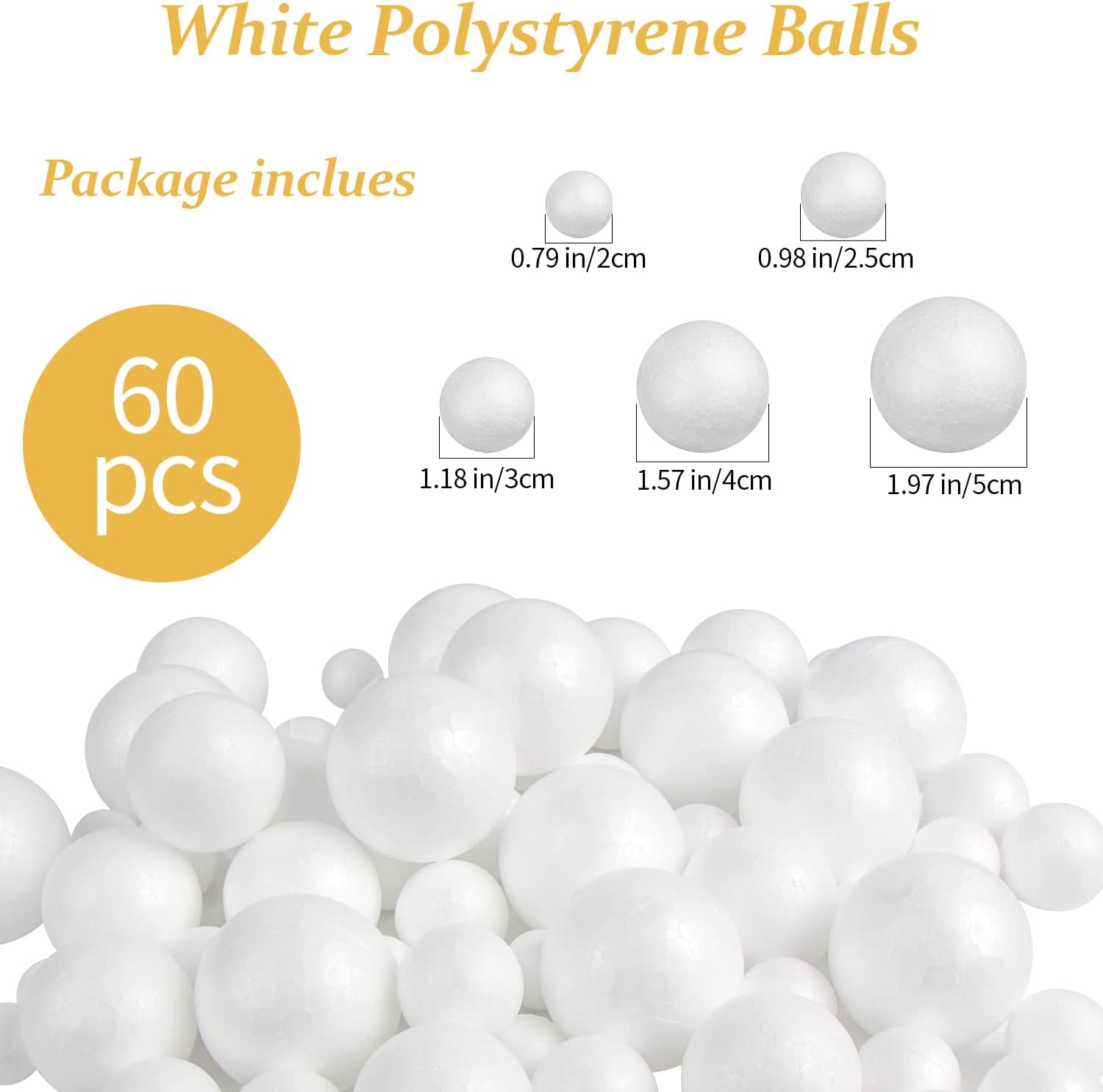 LOKIPA White Polystyrene Balls, 60 Pieces White Foam Balls 5 Sizes 2-5cm for DIY Crafts, Art, School Supplies, and Party Decorations