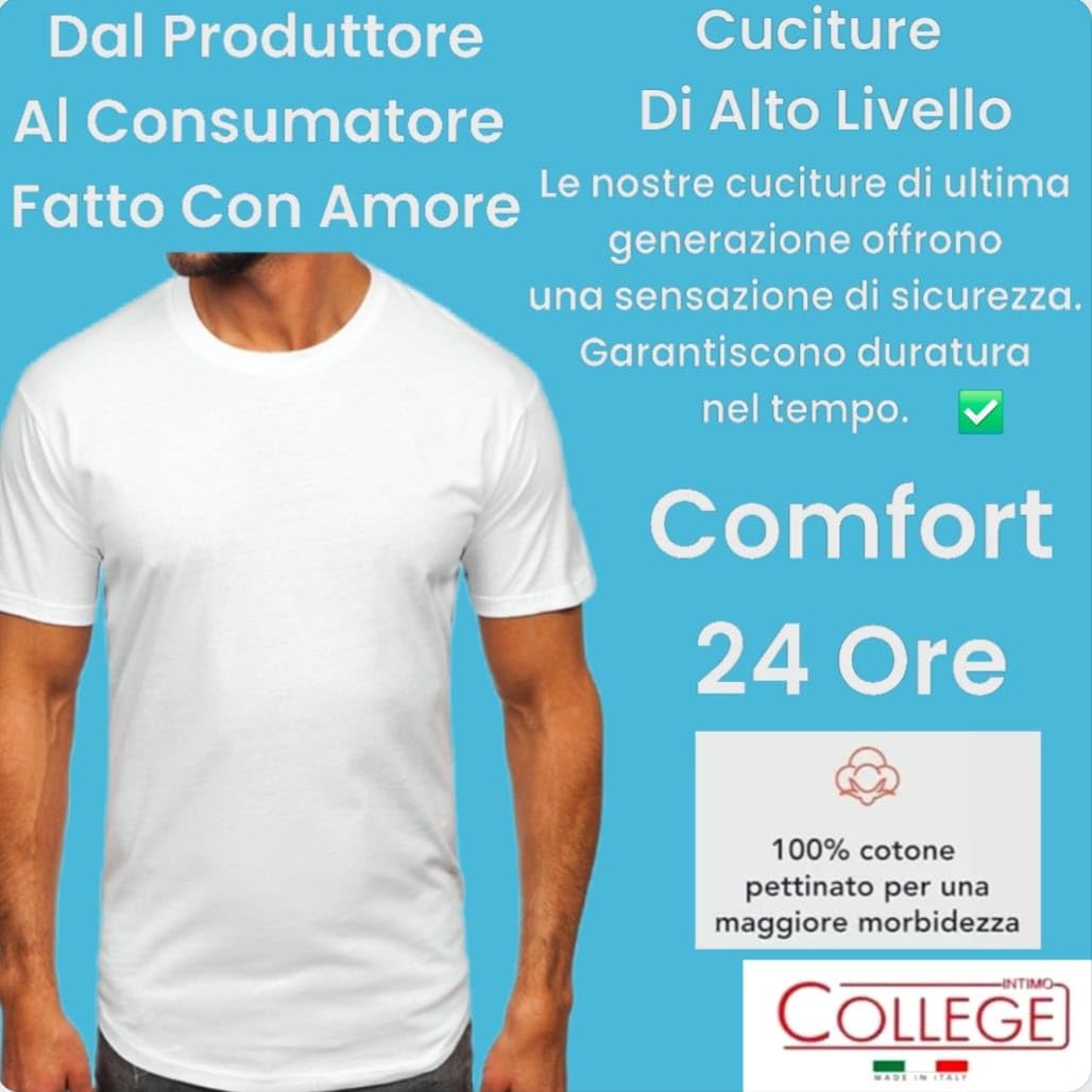 Intimo College 5/10 Maglietta Intima Uomo in Puro 100% Cotone Pettinato Premium Made in Italy di qualità Traspiranti Girocollo Direttamente dal Produttore al Consumatore