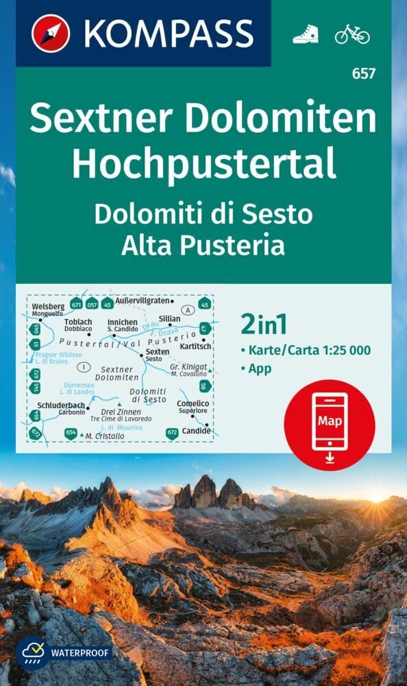 Sextner Dolomiten (657): markierte Wanderwege, Hütten, Fahrradwege, inklusive Karte zur offline Verwendung in der KOMPASS-App