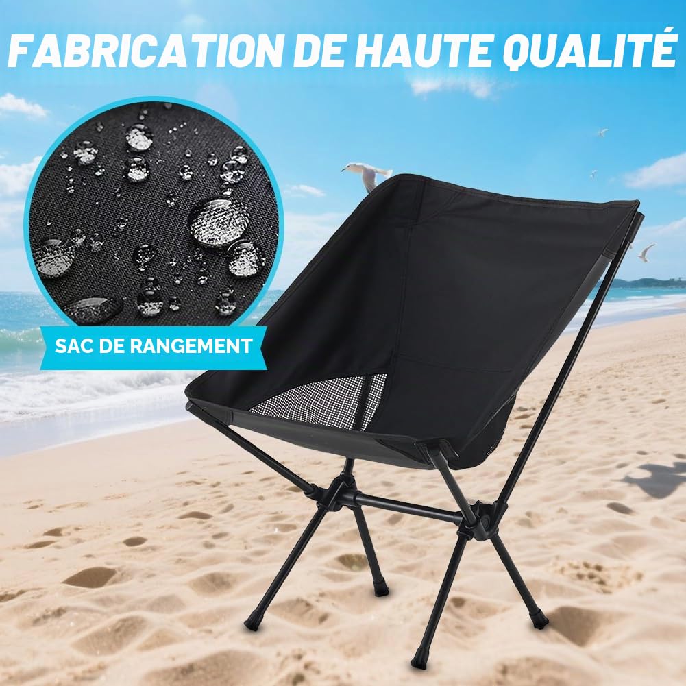 Chaise de camping pliable extra large avec sac de transport pour adultes, chaise pliante d'extérieur pour camping, randonnée, pique-nique, pêche, randonnée et plus encore (noir)