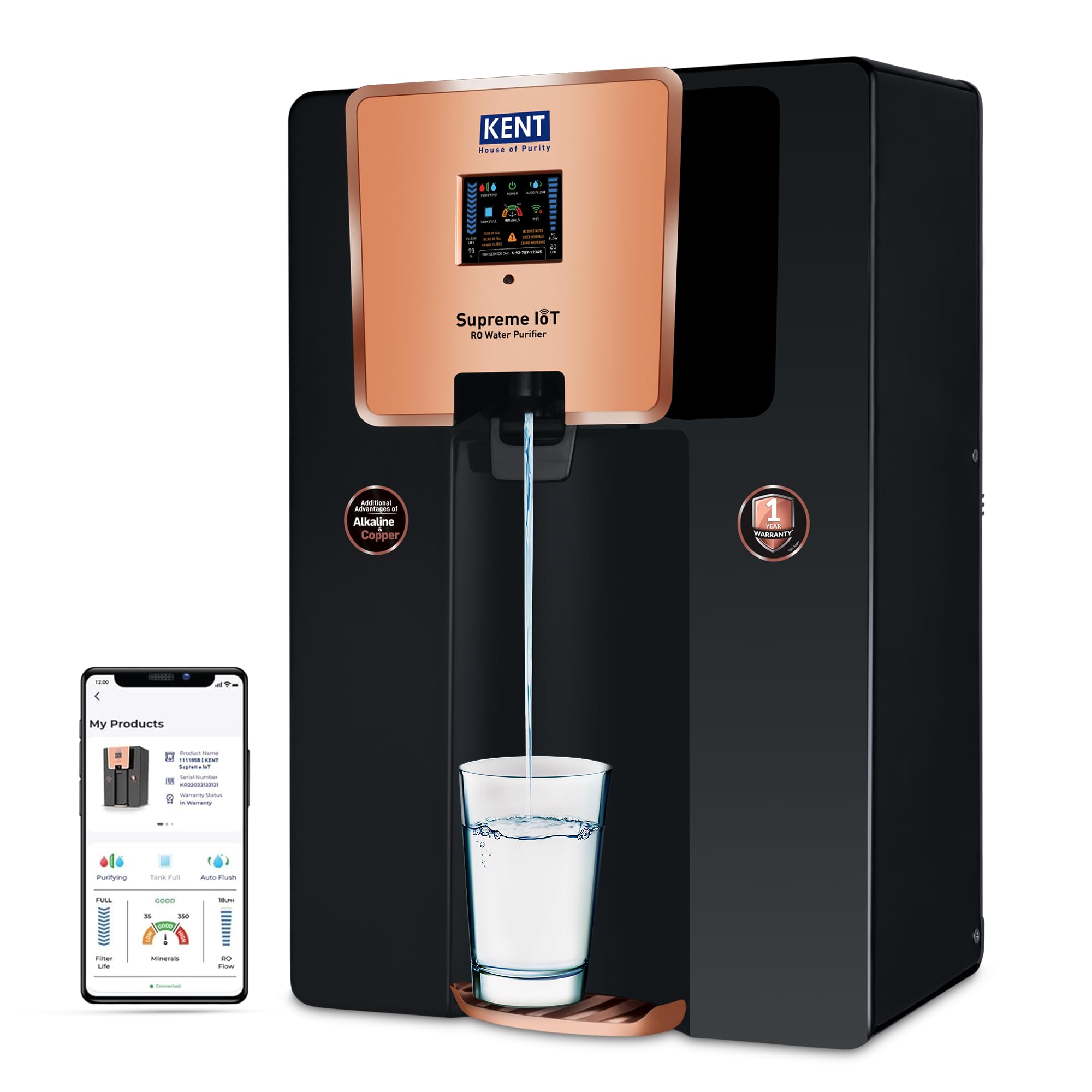 KENT Supreme IoT RO Water Purifier| 1 Years Free Service* |RO+UF+UV+Alk+Cu+TDS Control+UV In-Tank | IoT Enabled | Alkaline Water with pH 8-9.5 | 8L | 20LP/Hr Ideal For Borewell/Tanker/Municipal Water-image-44
