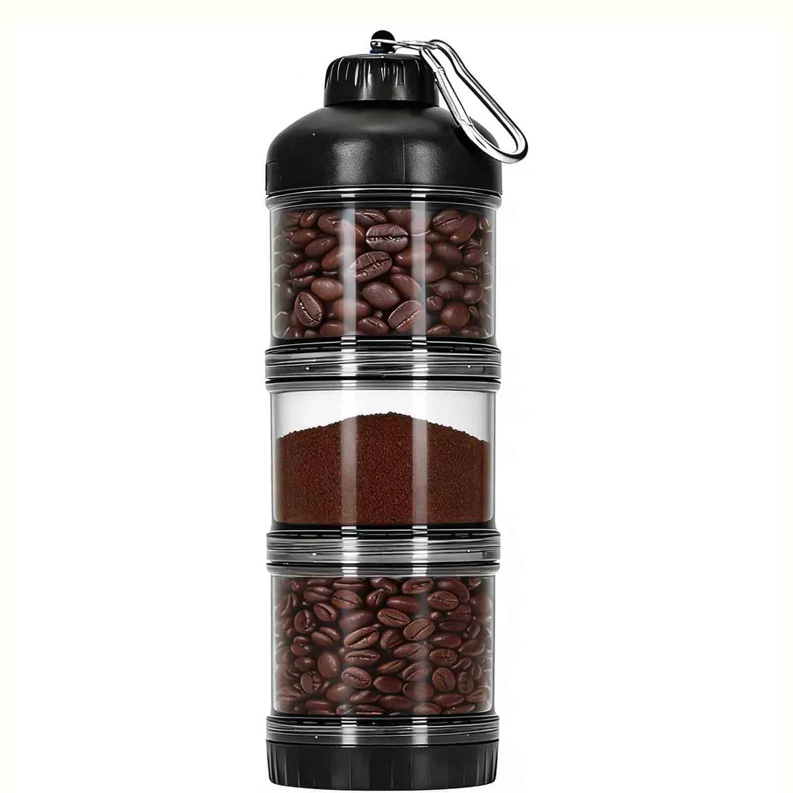 Punorric 4-Stage Coffee Bean Storage Clear Airtight Container, Camping Wide-Mouth Coffee Canister Jar Cutting for Grounds, Tea, Sugar, Cereal, Nuts, Flour, 3 x 150ml Plastic Compartments