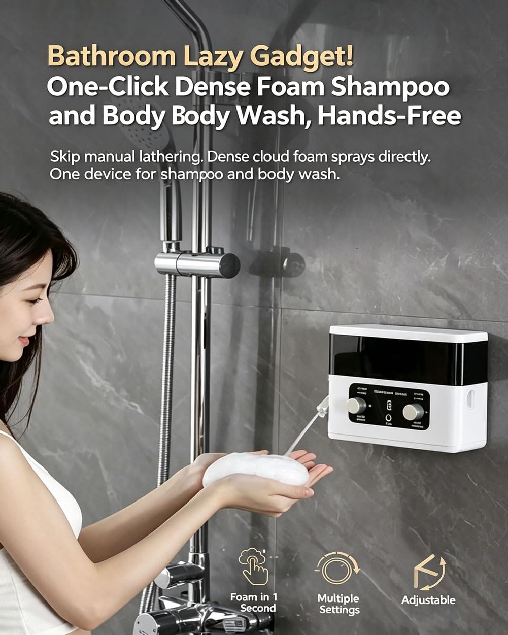 Dispensador de jabón espumoso para ducha, montaje en pared, recargable, boquilla ajustable, capacidad de 620 ml, impermeable para baño y hotel