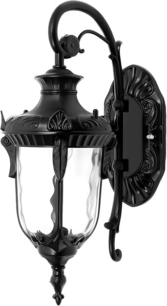 Outdoor Wall Light Fixtures, Porch Light Wall Mount, Waterproof Exterior Wall Sconce with Hammered Glass Shade for Residential Area and Park, Business District Lighting Black
